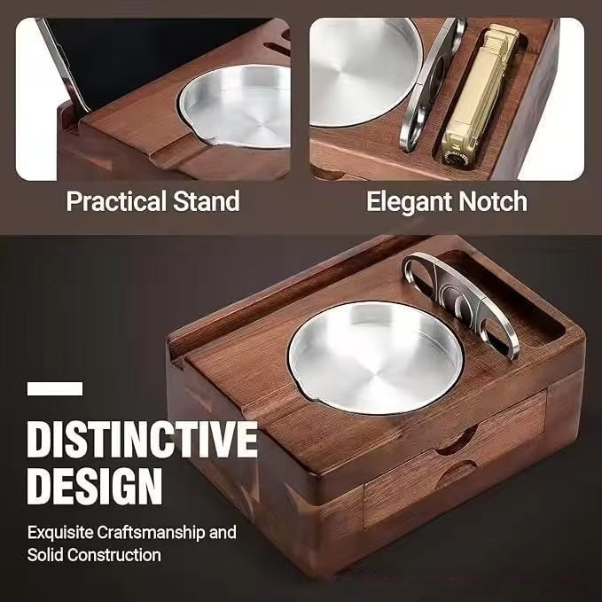 Multi-functional Wooden Cigar Ashtray Set with Cutter, Cigar Ashtray with Drawer and Cigar Holder Slots