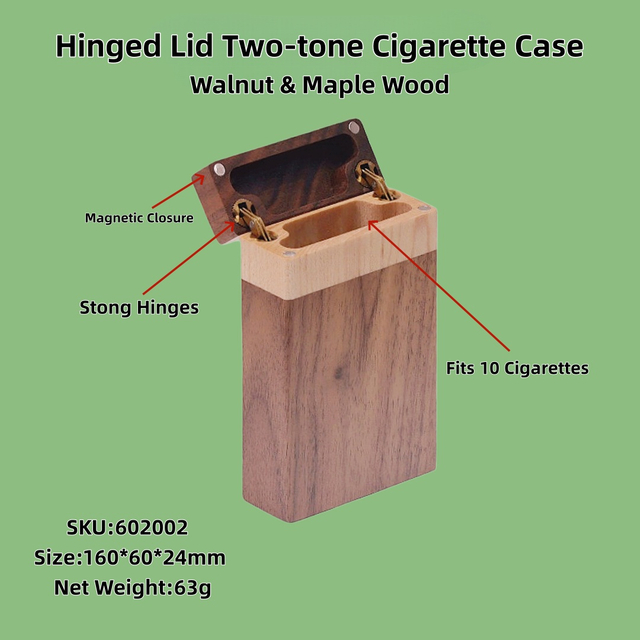 Fits 10 Cigarettes Hinged Lid Two-Tone Walnut Cigarette Case Storage Organizer With Magnetic Closure & Brass Hinge Compact for Home & Travel