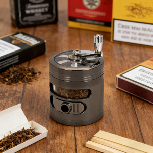 Premium 4-Piece CNC Zinc Herb Grinder with Hand Crank Handle See-Through Window & Side Dispenser Port 63mm Metal Spice & Herb Grinder for Dry Herbs Tobacco Spices