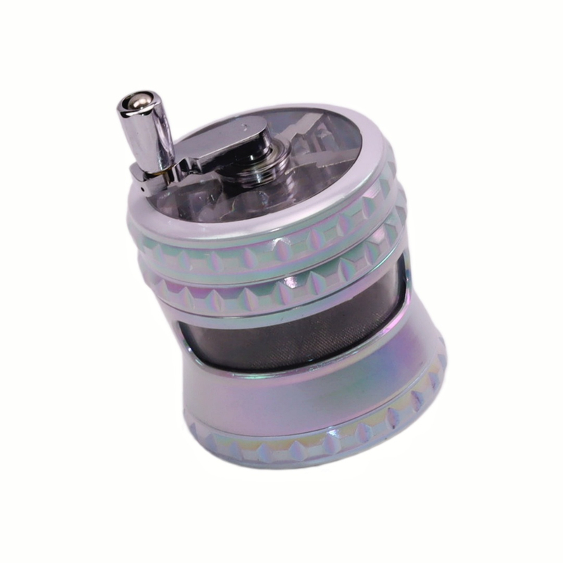 65mm 2.56 Inches 4 Parts Iridescent Crank Handle Clear Top Herb Grinder Crusher With See-through Chamber for Smoking 