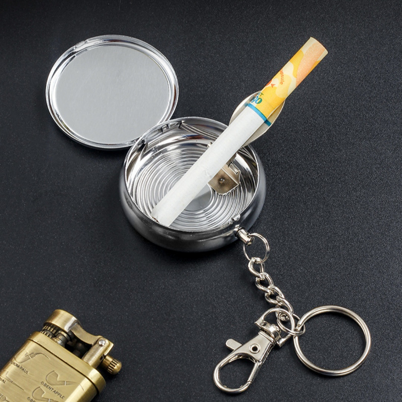 1Pack of 2 Pieces Push-button Portable Metal Pocket Ashtray with Keychain Pop-up cigarette Cigar Rest Holder for Outdoor Travel