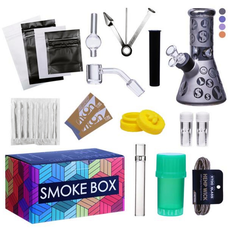 19-Piece Pack Complete Glass Bong Smoke Box Travel Kit All-in-One Portable Smoking Accessory Set with Glass Water Pipe Dab Tools Storage 