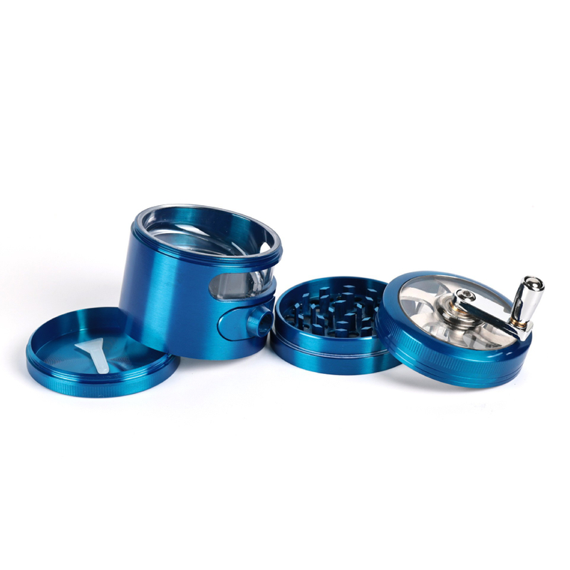 Premium 4-Piece CNC Zinc Herb Grinder with Hand Crank Handle See-Through Window & Side Dispenser Port 63mm Metal Spice & Herb Grinder for Dry Herbs Tobacco Spices